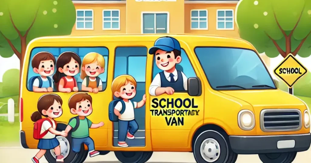 Gambar ilustrasi antar jemput anak sekolah menggunakan mobil van kuning, dengan anak-anak ceria yang sedang naik ke mobil di lingkungan yang aman dan nyaman.